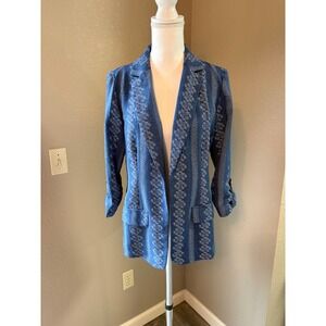 NYCC Blue Geometric Print Open Front 3/4 Sleeve Blazer Jacket Womens Medium